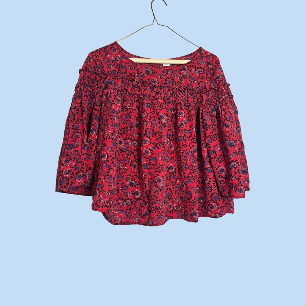 GAP Womens Red Floral Block Print Smocked Ruffle Yoke Bell Sleeve Blouse Small